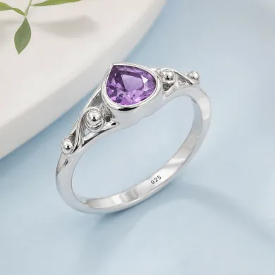Pear-Shaped Amethyst Ring - 925 Sterling Silver Gemstone Jewelry