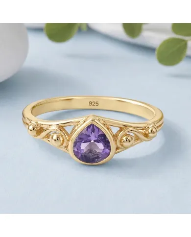 18K Gold Plated Amethyst Ring - Sterling Silver Handmade Dainty Jewelry