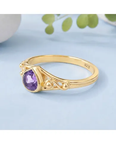 18K Gold Plated Amethyst Ring - Sterling Silver Handmade Dainty Jewelry