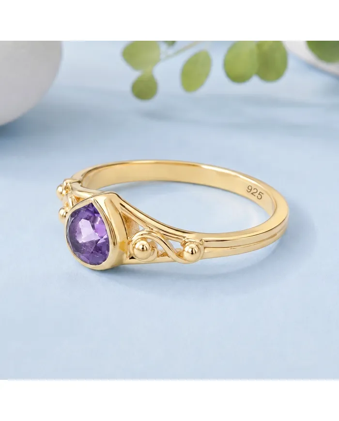 18K Gold Plated Amethyst Ring - Sterling Silver Handmade Dainty Jewelry