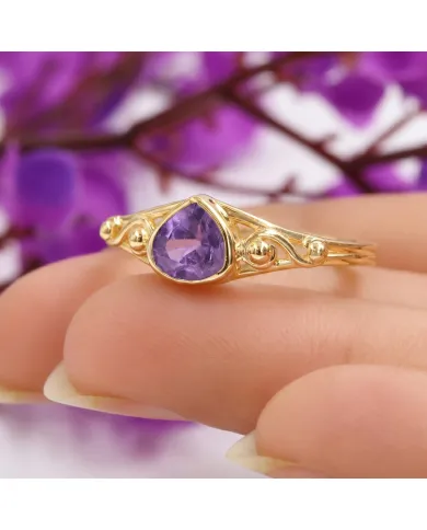 18K Gold Plated Amethyst Ring - Sterling Silver Handmade Dainty Jewelry