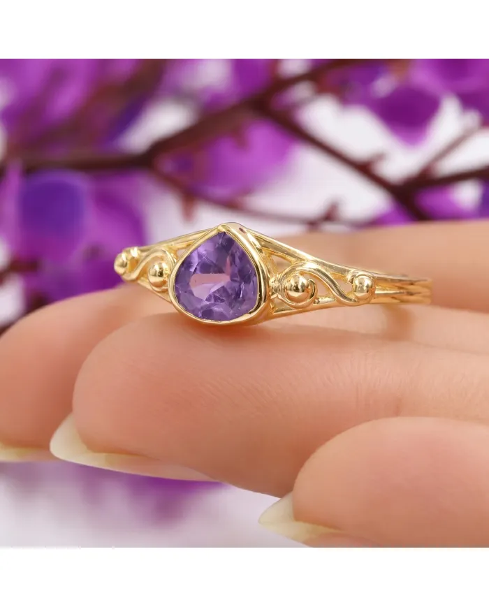 18K Gold Plated Amethyst Ring - Sterling Silver Handmade Dainty Jewelry