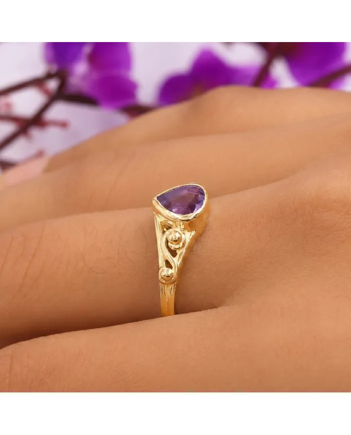 18K Gold Plated Amethyst Ring - Sterling Silver Handmade Dainty Jewelry