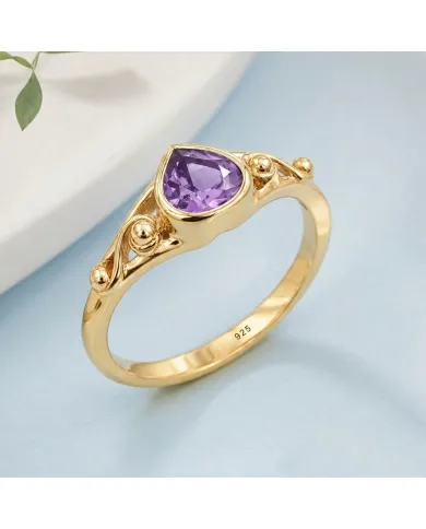18K Gold Plated Amethyst Ring - Sterling Silver Handmade Dainty Jewelry