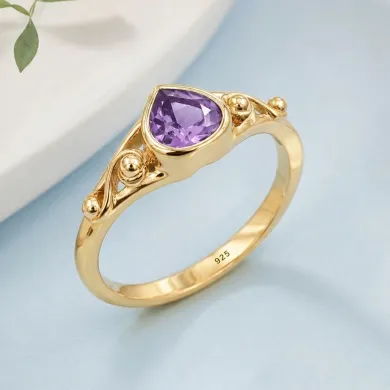 18K Gold Plated Amethyst Ring - Sterling Silver Handmade Dainty Jewelry