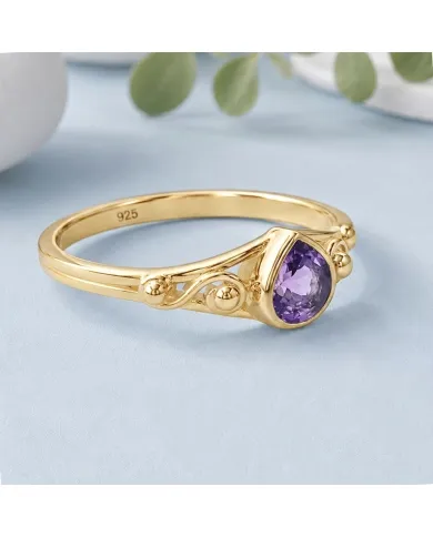 18K Gold Plated Amethyst Ring - Sterling Silver Handmade Dainty Jewelry