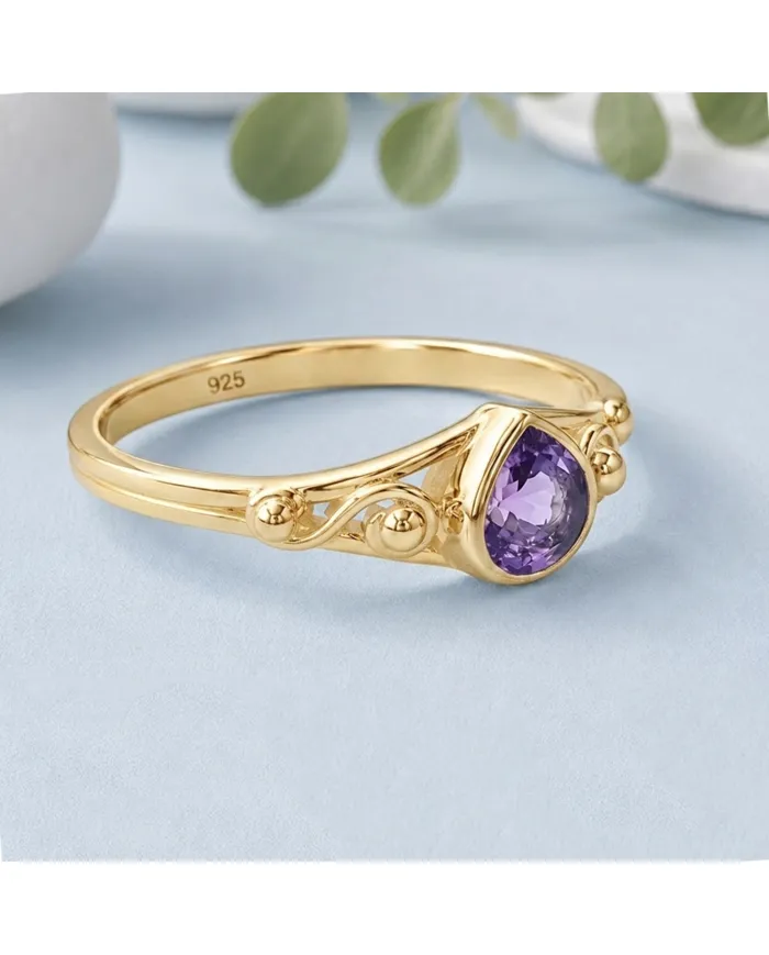 18K Gold Plated Amethyst Ring - Sterling Silver Handmade Dainty Jewelry