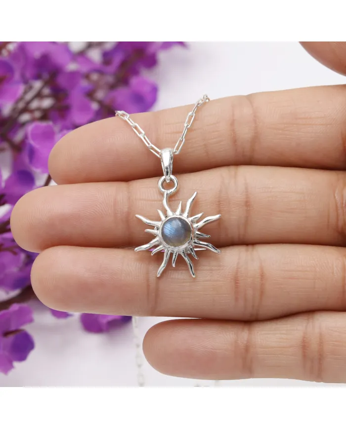 Labradorite Sunburst Pendant Necklace - 925 Sterling Silver Jewelry