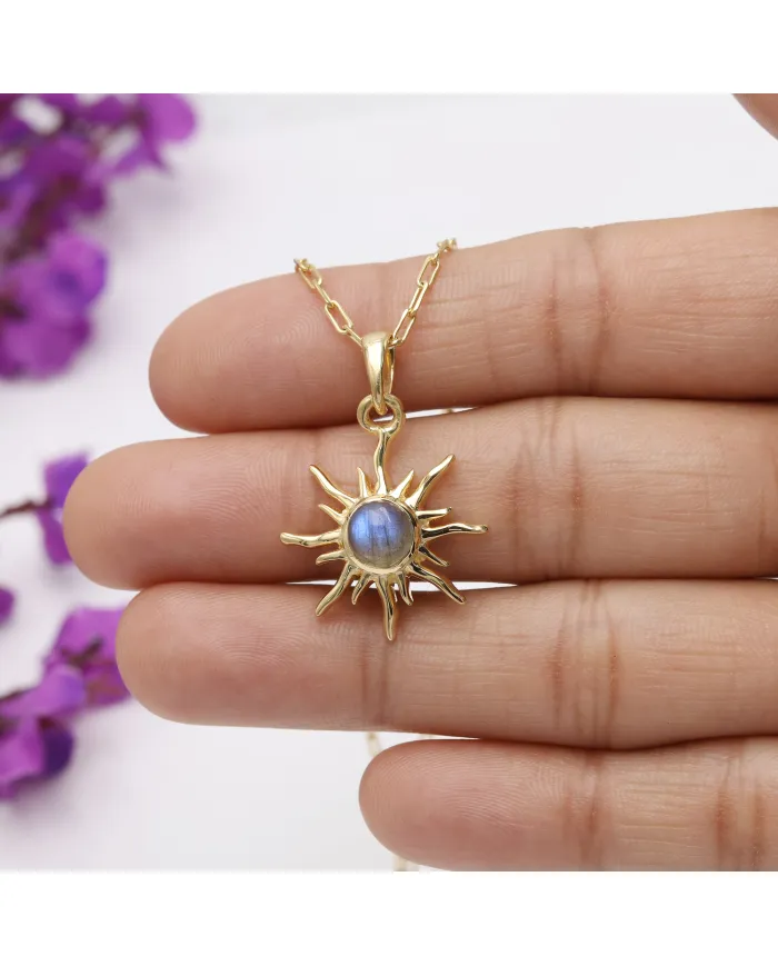18K Gold Plated Labradorite Sunburst Pendant in 925 Sterling Silver