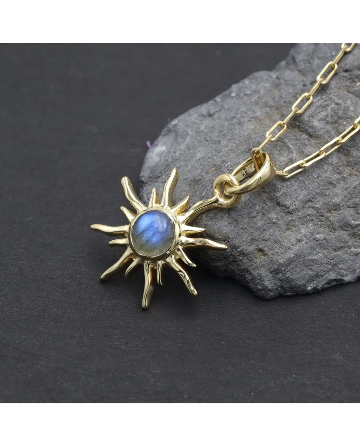 18K Gold Plated Labradorite Sunburst Pendant in 925 Sterling Silver