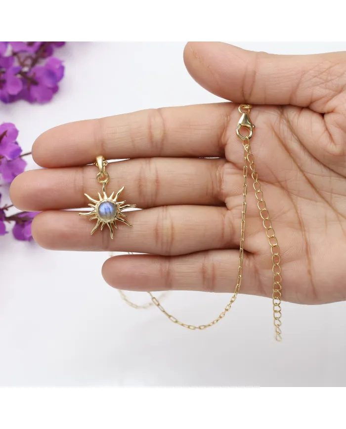 18K Gold Plated Labradorite Sunburst Pendant in 925 Sterling Silver