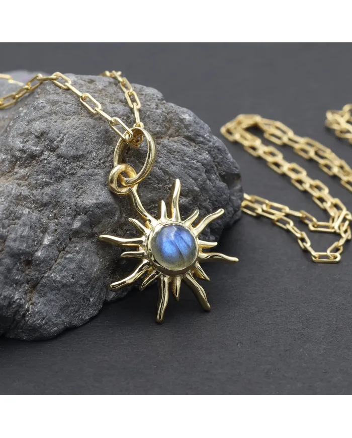 18K Gold Plated Labradorite Sunburst Pendant in 925 Sterling Silver