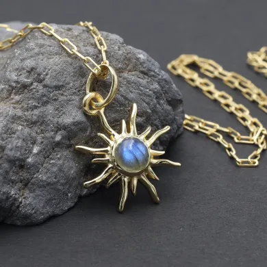18K Gold Plated Labradorite Sunburst Pendant in 925 Sterling Silver