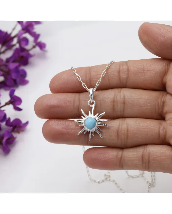 Arizona Turquoise Sunburst Pendant Necklace in 925 Sterling Silver