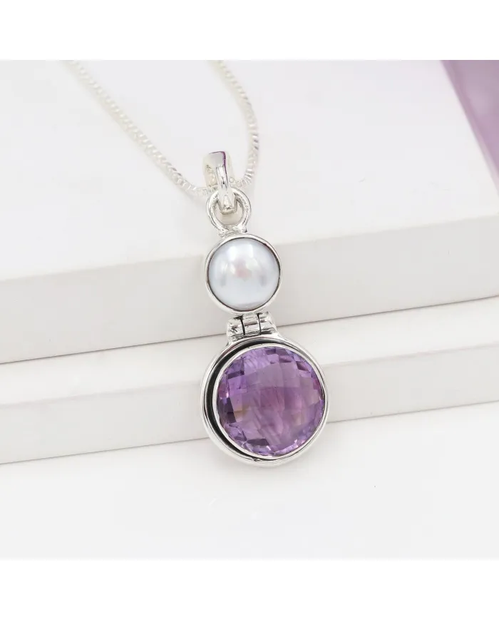 Amethyst & Pearl Pendant in 925 Sterling Silver | Handmade Dainty Jewelry