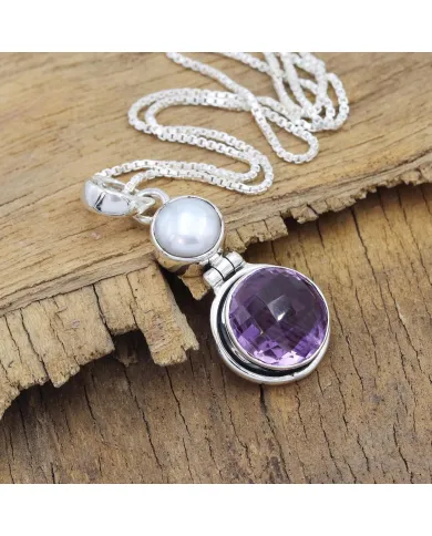 Amethyst & Pearl Pendant in 925 Sterling Silver | Handmade Dainty Jewelry