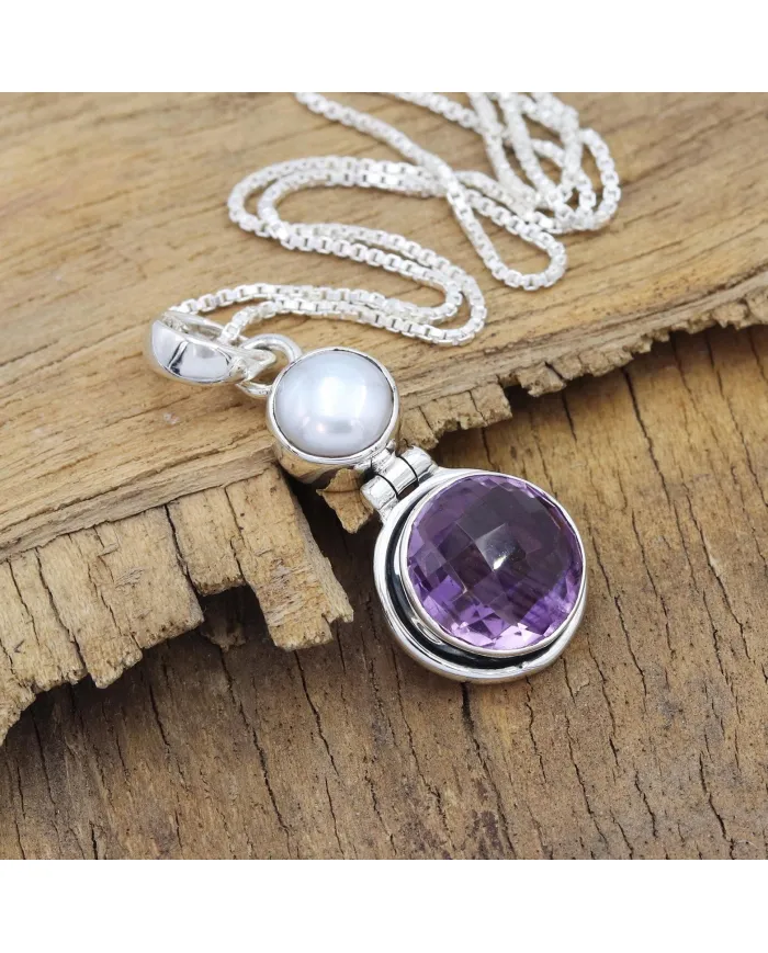 Amethyst & Pearl Pendant in 925 Sterling Silver | Handmade Dainty Jewelry