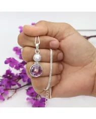 Amethyst & Pearl Pendant in 925 Sterling Silver | Handmade Dainty Jewelry