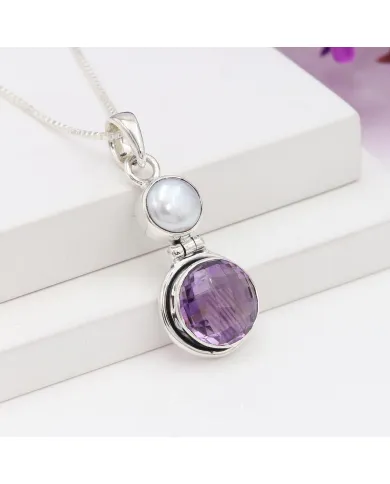 Amethyst & Pearl Pendant in 925 Sterling Silver | Handmade Dainty Jewelry