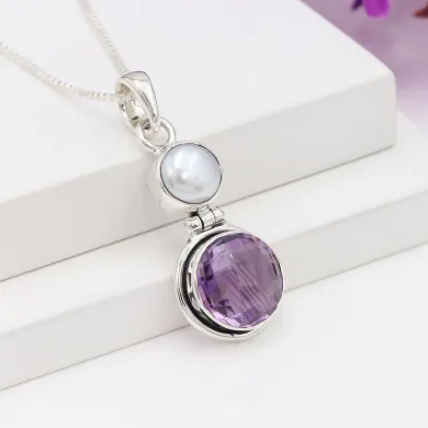 Amethyst & Pearl Pendant in 925 Sterling Silver | Handmade Dainty Jewelry