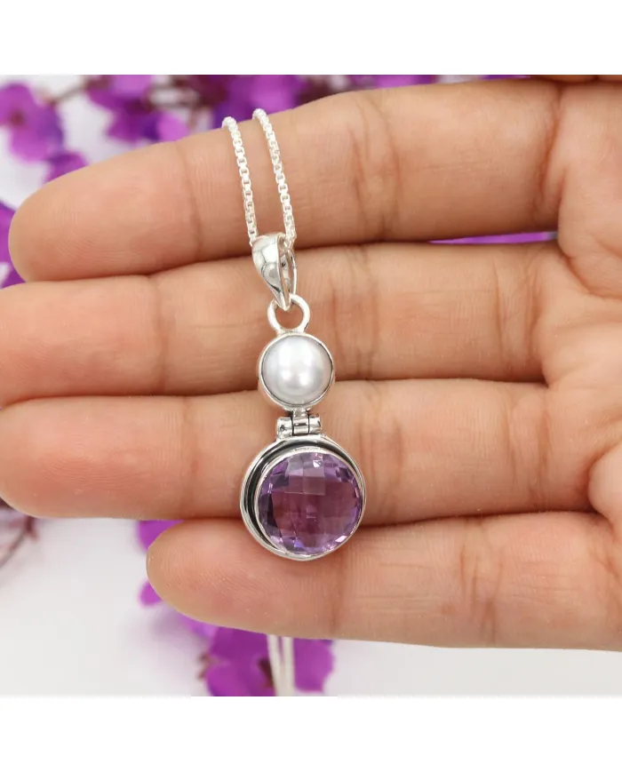 Amethyst & Pearl Pendant in 925 Sterling Silver | Handmade Dainty Jewelry