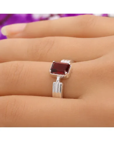 Rectangular Garnet Ring - 925 Sterling Silver Handmade Gift for Her