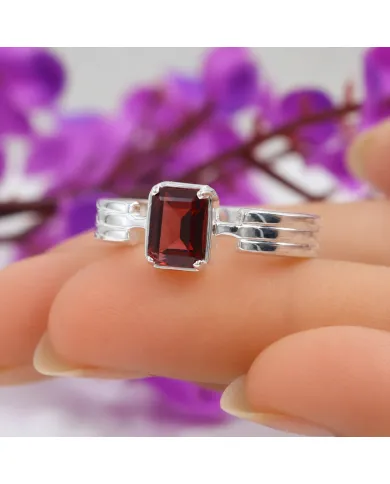 Rectangular Garnet Ring - 925 Sterling Silver Handmade Gift for Her