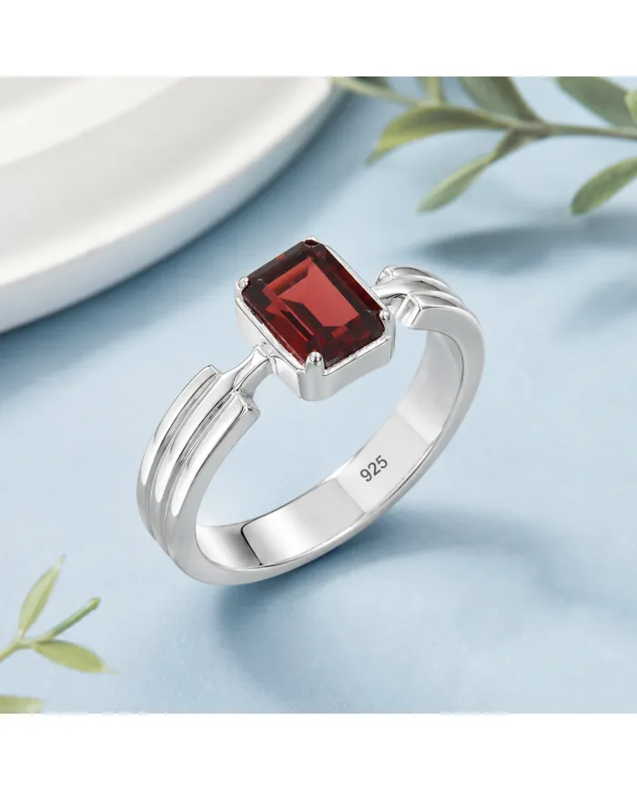 Rectangular Garnet Ring - 925 Sterling Silver Handmade Gift for Her