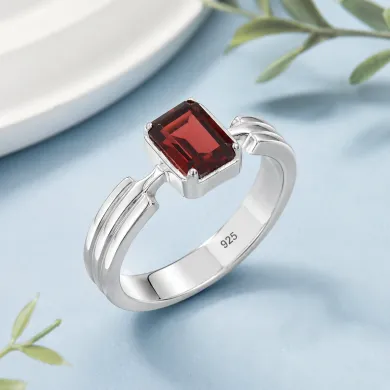 Rectangular Garnet Ring - 925 Sterling Silver Handmade Gift for Her