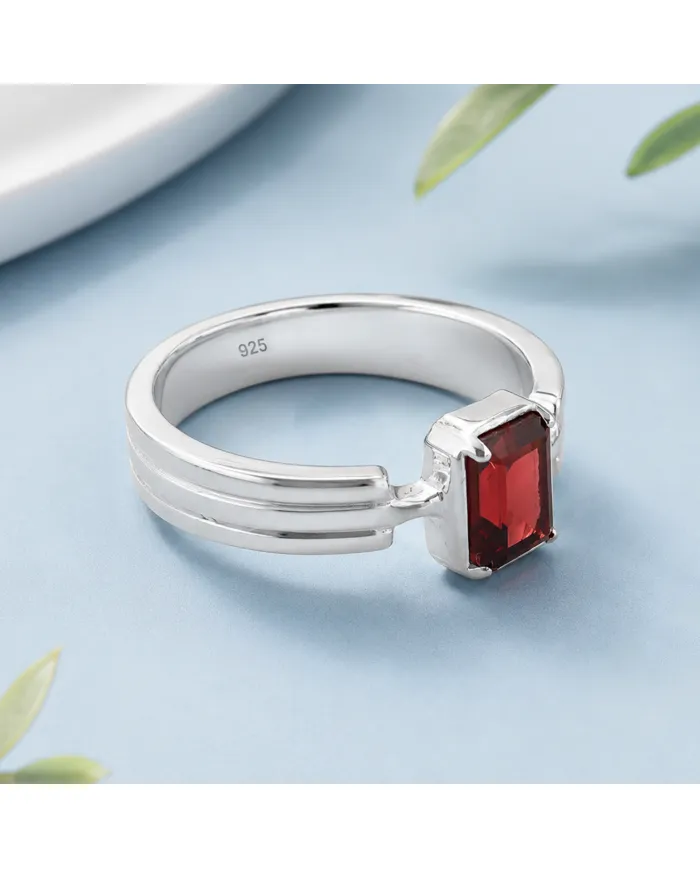 Rectangular Garnet Ring - 925 Sterling Silver Handmade Gift for Her
