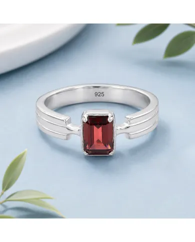 Rectangular Garnet Ring - 925 Sterling Silver Handmade Gift for Her