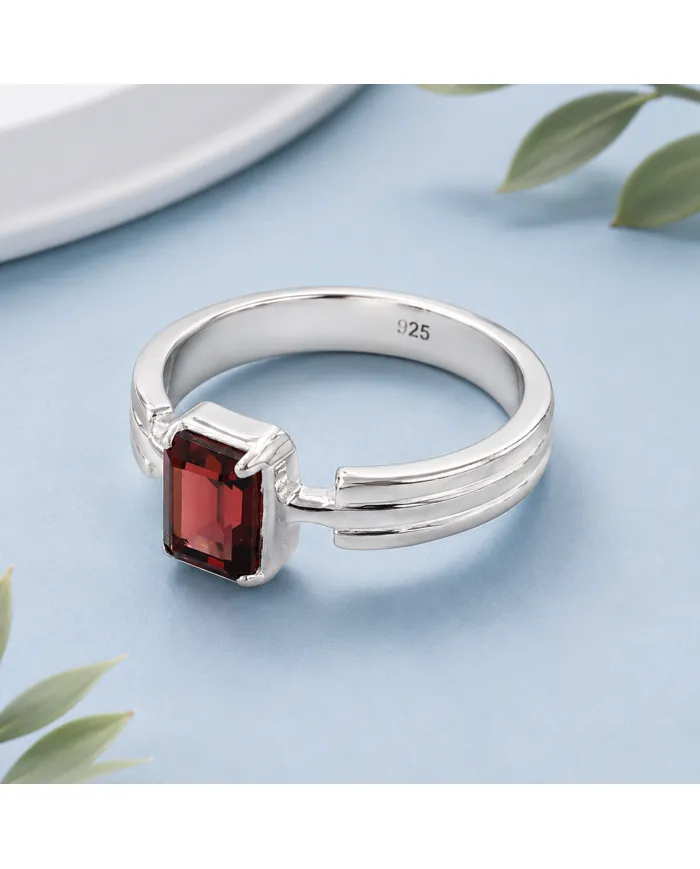 Rectangular Garnet Ring - 925 Sterling Silver Handmade Gift for Her