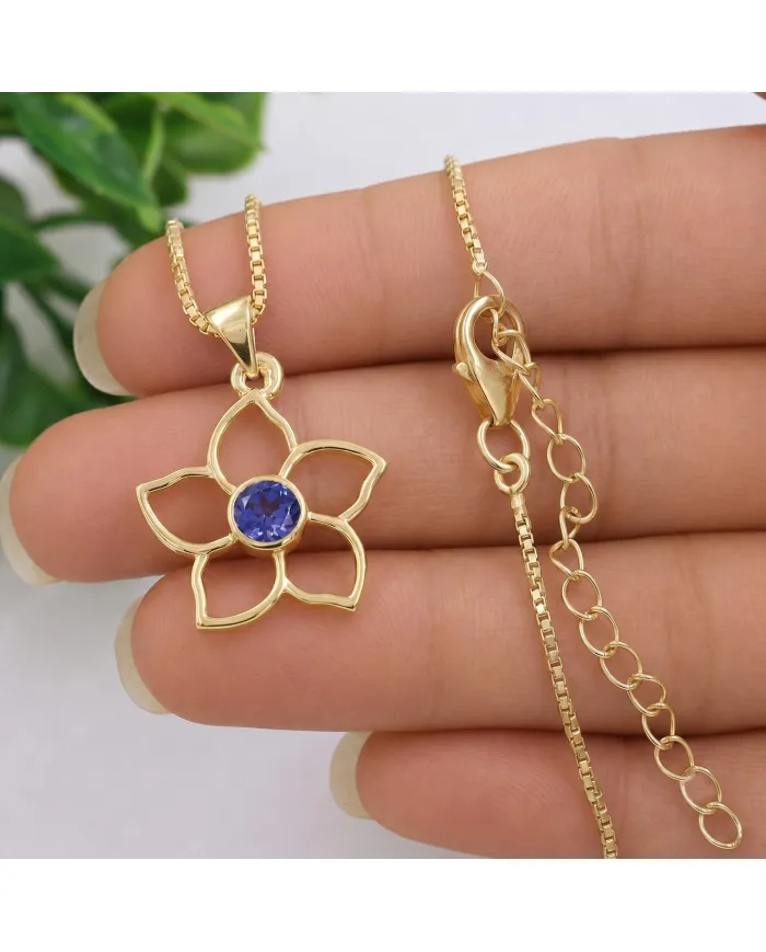 18K Gold Plated Sterling Silver Handmade Flower Bloom Tanzanite Pendant