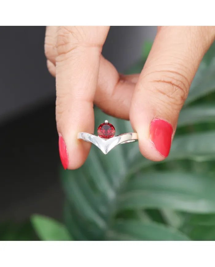 Garnet Gemstone Minimalist Solid Sterling Silver Handmade Ring For Women