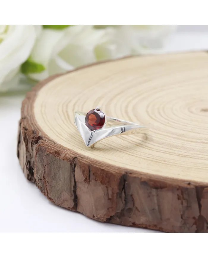 Garnet Gemstone Minimalist Solid Sterling Silver Handmade Ring For Women