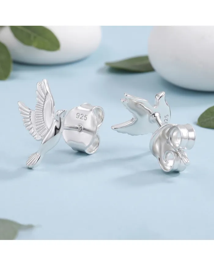 925 Sterling Silver Flying Bird Stud Earrings - Everyday Wear Jewelry