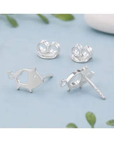 925 Sterling Silver Piggy Open Heart Stud Earrings