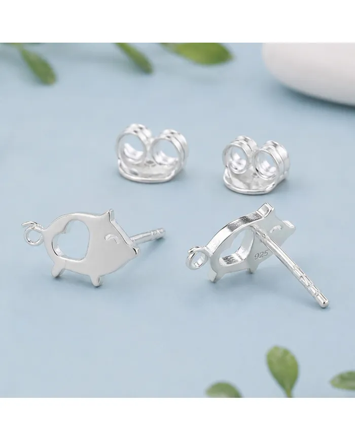 925 Sterling Silver Piggy Open Heart Stud Earrings