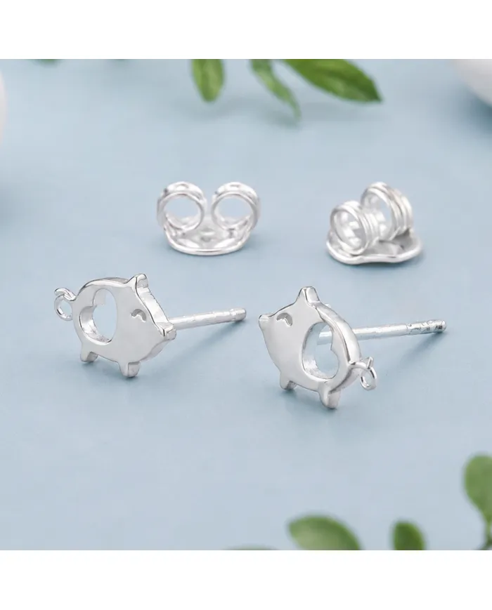 925 Sterling Silver Piggy Open Heart Stud Earrings