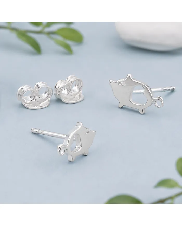 925 Sterling Silver Piggy Open Heart Stud Earrings