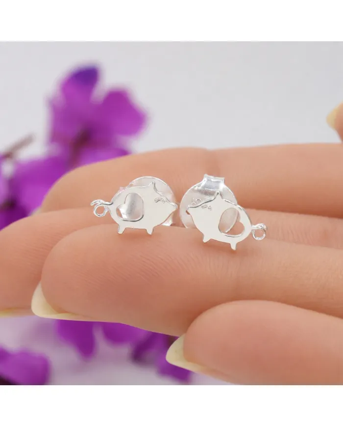 925 Sterling Silver Piggy Open Heart Stud Earrings