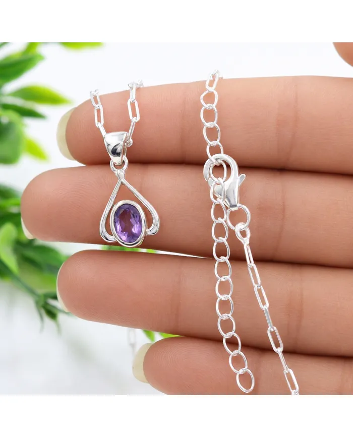 Solitaire Amethyst Purple Gemstone Pendant in 925 Sterling Silver