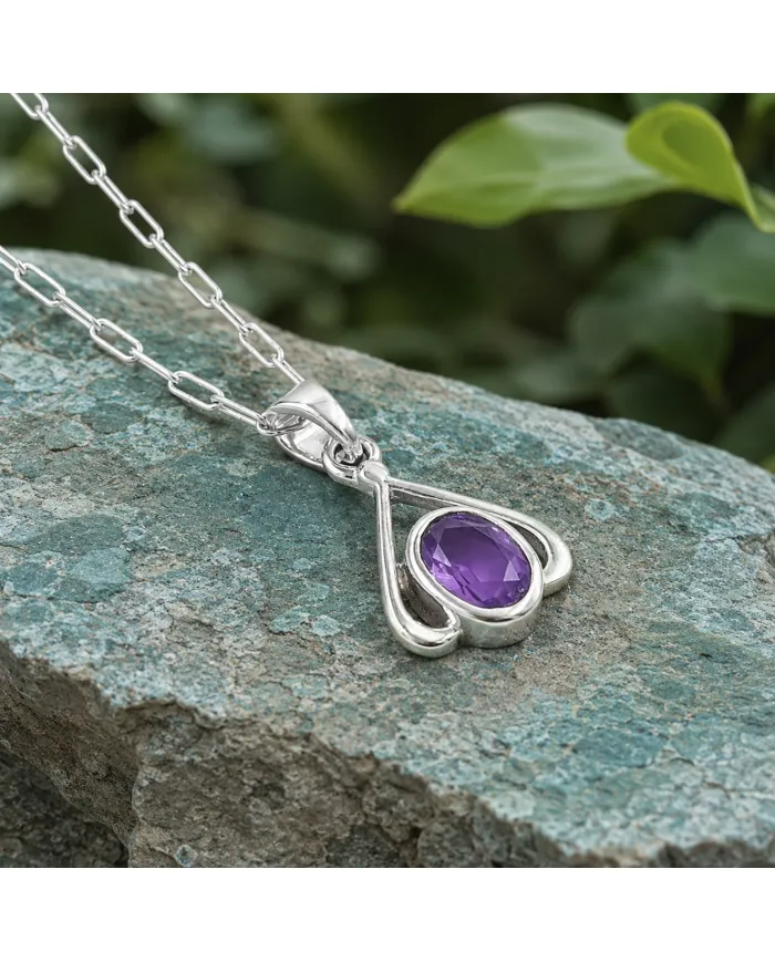Solitaire Amethyst Purple Gemstone Pendant in 925 Sterling Silver