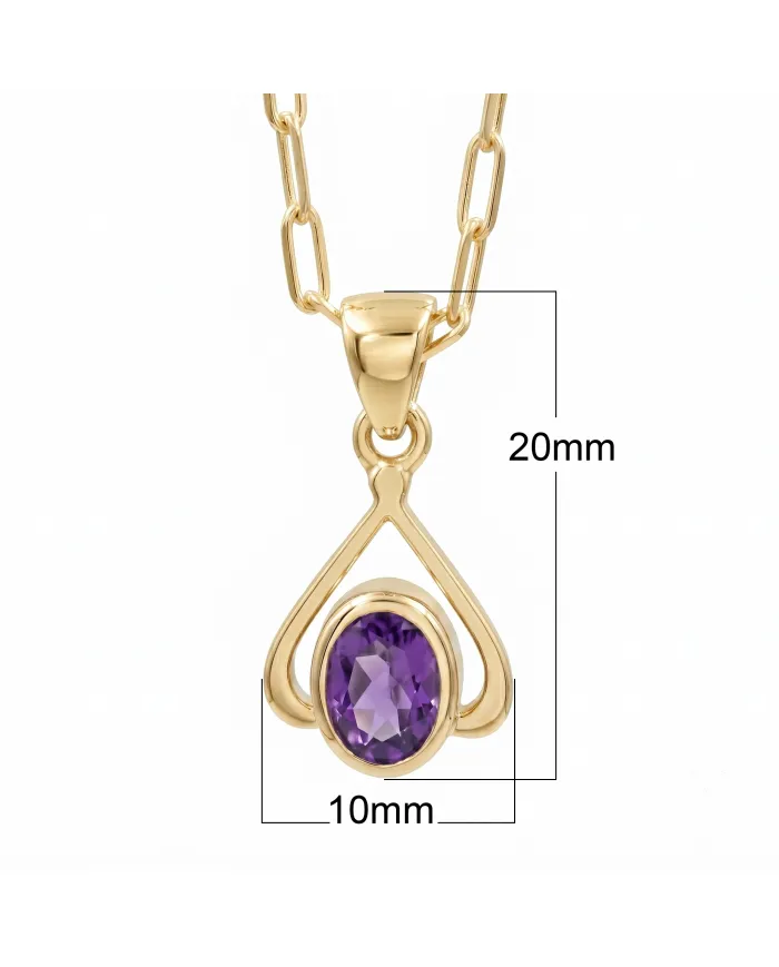 18K Gold Plated Amethyst Solitaire Purple Gemstone Pendant Necklace