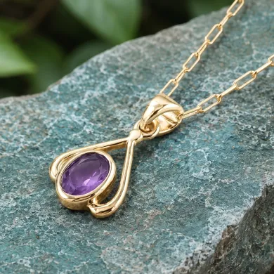 18K Gold Plated Amethyst Solitaire Purple Gemstone Pendant Necklace