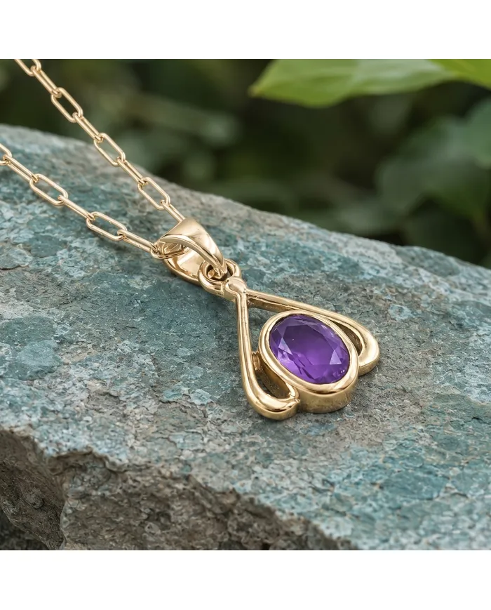18K Gold Plated Amethyst Solitaire Purple Gemstone Pendant Necklace