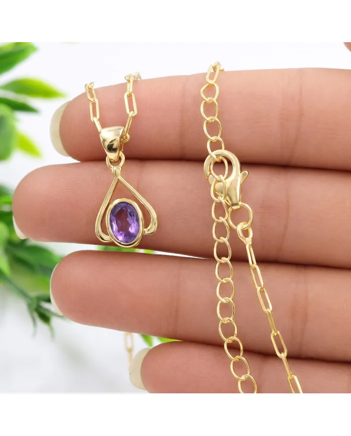 18K Gold Plated Amethyst Solitaire Purple Gemstone Pendant Necklace