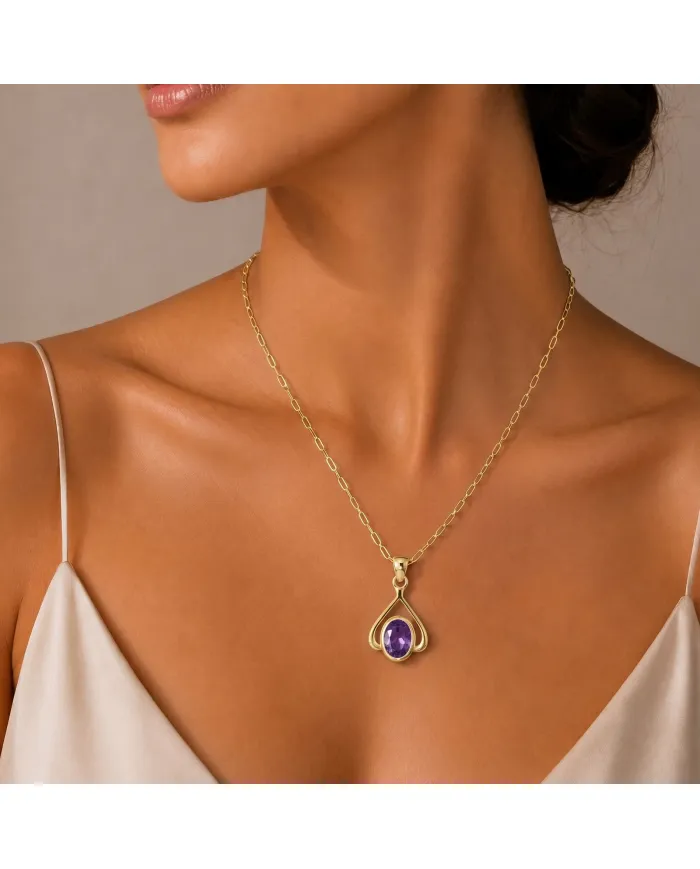 18K Gold Plated Amethyst Solitaire Purple Gemstone Pendant Necklace