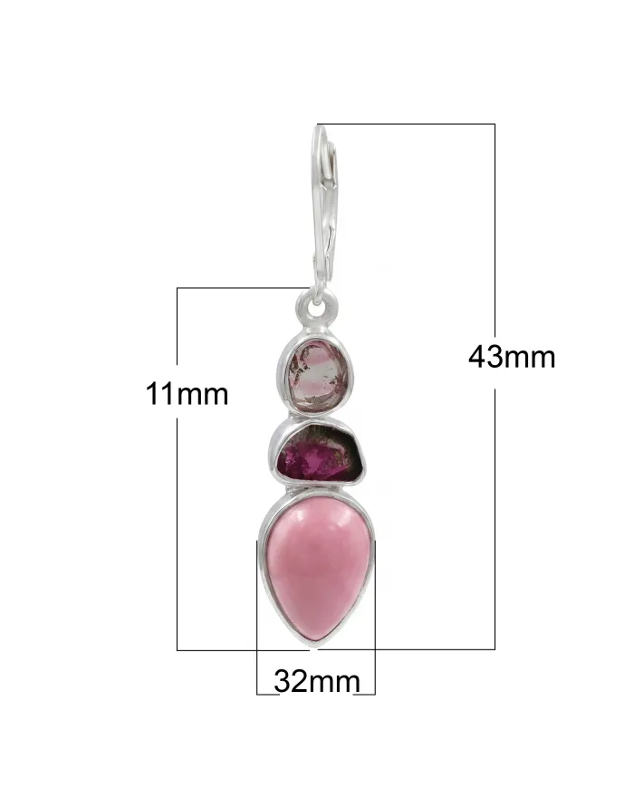 Pink Opal & Tourmaline Dangle Earrings - 925 Sterling Silver Jewelry