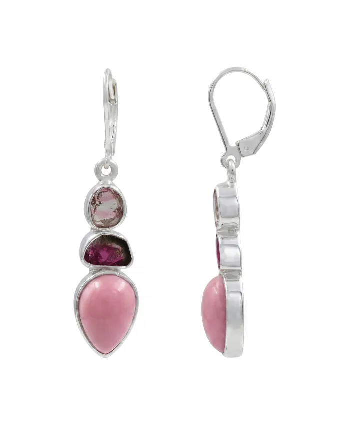 Pink Opal & Tourmaline Dangle Earrings - 925 Sterling Silver Jewelry